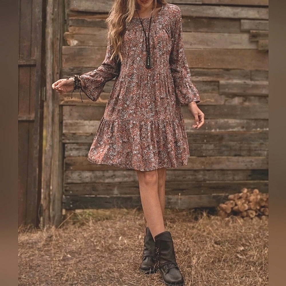 New Boho Floral Mini Dress Tiered Ruffle Mini Burgundy Red Brown White - Picture 4 of 7